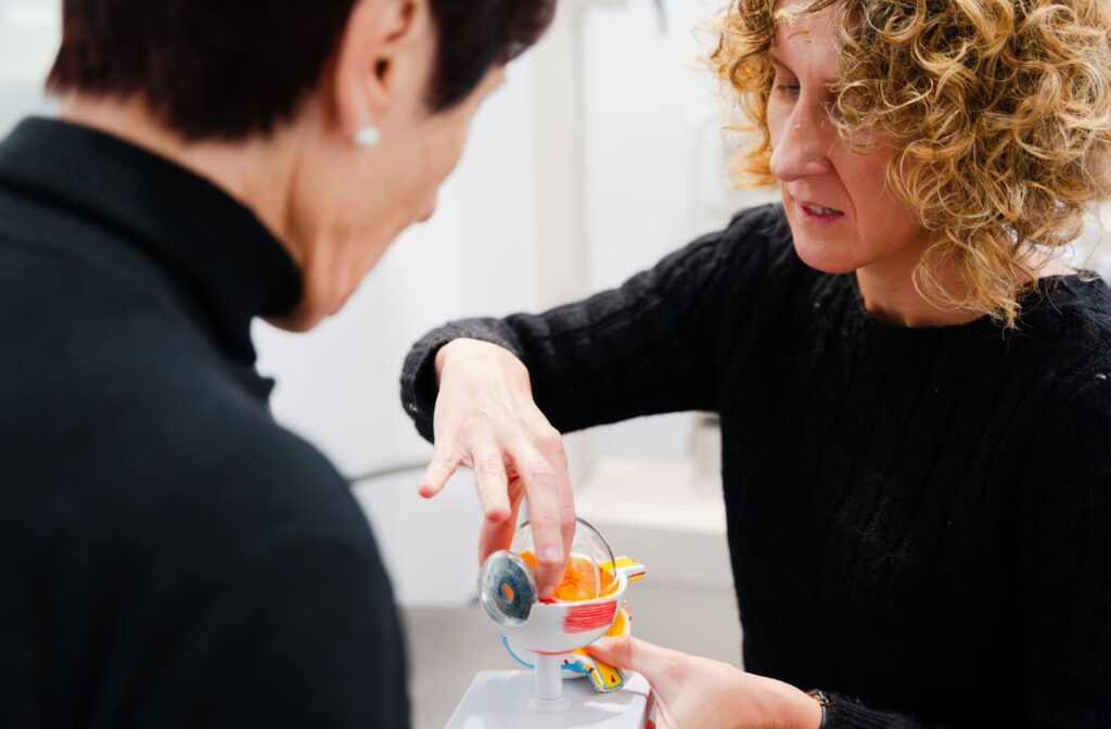 An eye doctor uses an eye model to explain how dry eyes might trigger or worsen headaches.