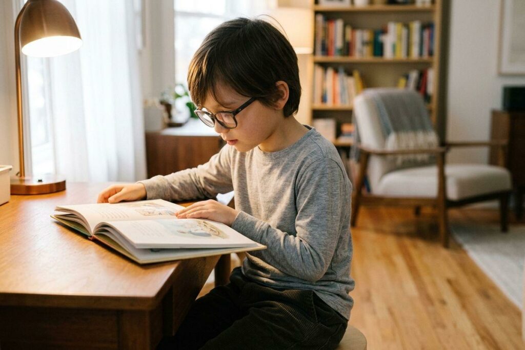 A child wearing glasses reading an illustrated book at a wooden desk beside a lit lamp in a home living room.