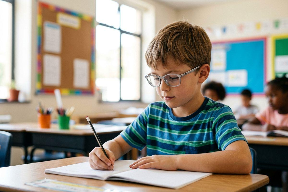 A child wearing glasses writing in a notebook at a classroom desk, focused, with other children seated in the background.