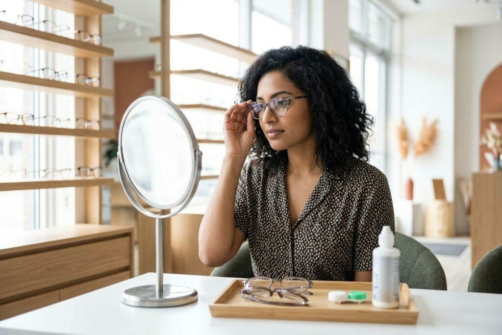 Adult trying on eyeglasses at a mirror in an optical shop, with a tray of frames and contact lens supplies on the table.