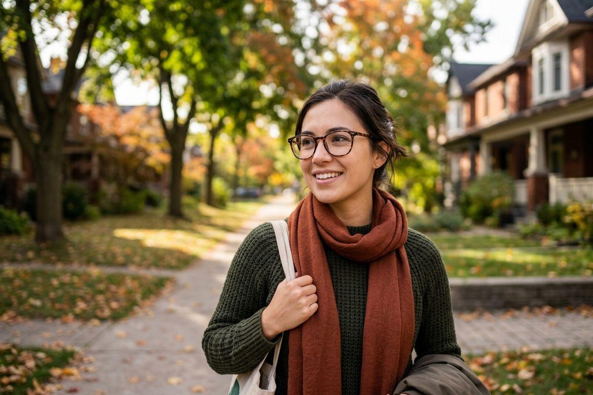 Smiling adult wearing glasses and a rust scarf carries a tote bag while walking along a tree-lined residential street in autumn.